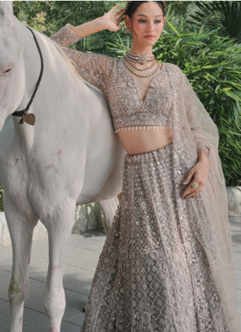 Designer Grey Embroidered Net Lehenga Choli With Dupatta