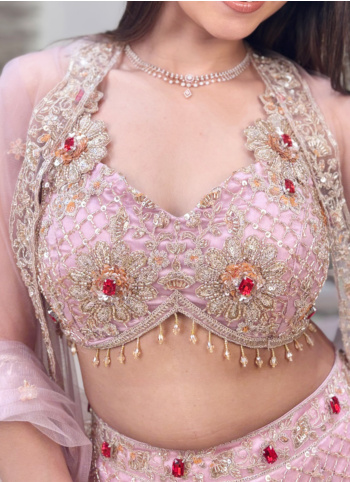 Light Pink Embroidered Fish-cut Net Lehenga Choli