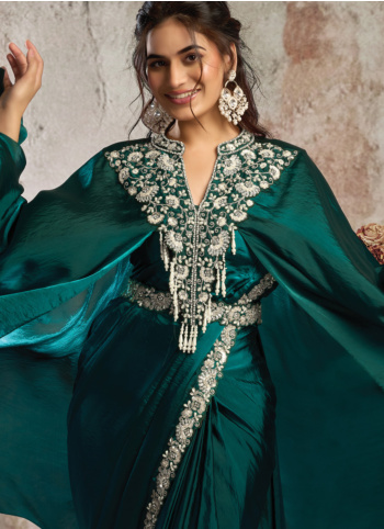 Peacock Green Ready To Wear Saree With Poncho Style Blouse