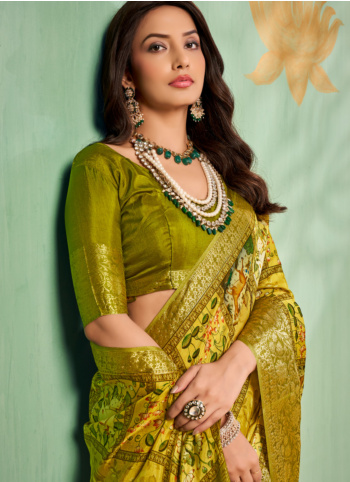 Mehndi Green Woven Silk Printed Saree