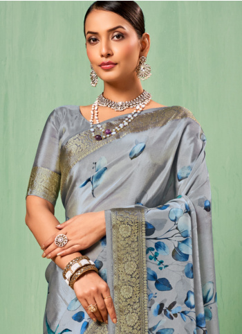 Light Steel Blue Printed Silk Saree