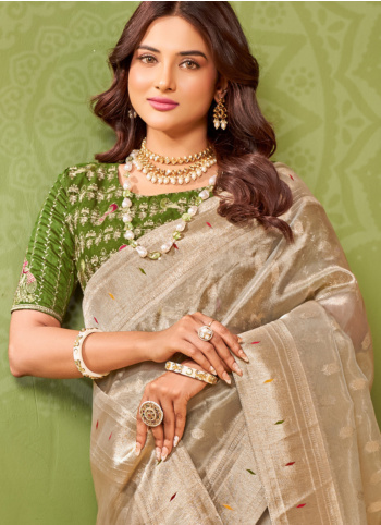 Beige Color Embroidered Tissue Fabric Saree