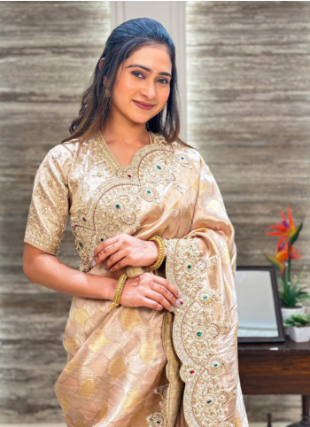 Golden Beige Embroidered Tissue Silk Saree