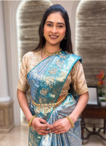 Powder Blue And Sea Green Kanjivaram Silk Saree