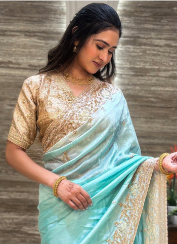 Light Aqua Embroidered Crepe Silk Saree