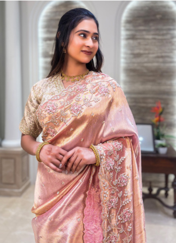 Rose Gold Embroidered Tissue Silk Saree