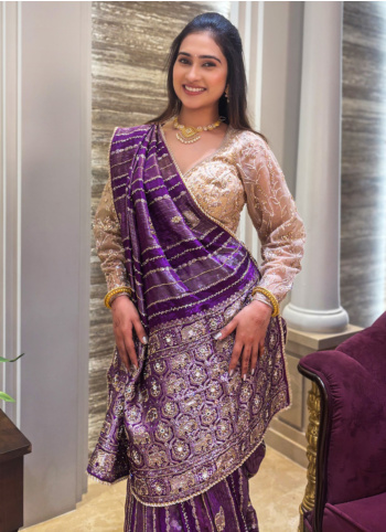 Purple Embroidered Tissue Silk Saree