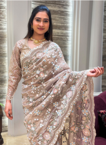 Light Onion Pink Organza Tissue Silk Saree
