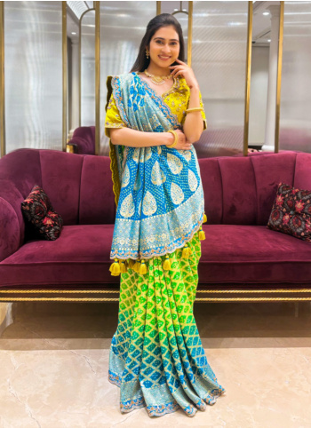 Parrot Green And Sky Blue Bandhani Choli Saree