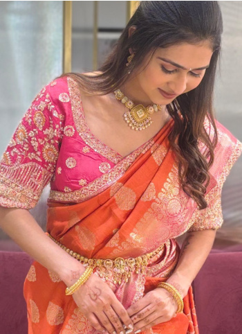 Pink And Orange Woven Monga Silk Saree