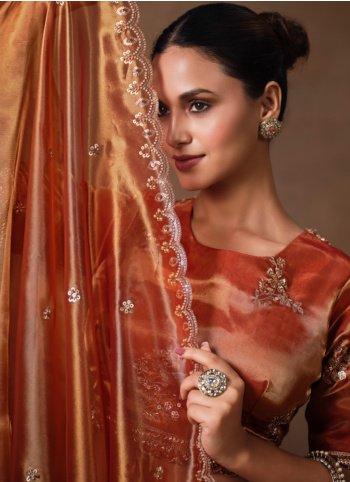 Grey And Rust Organza Lehenga Choli