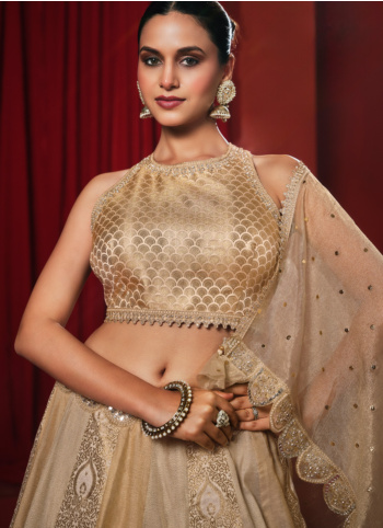 Beige Silk Embroidered Lehenga Choli