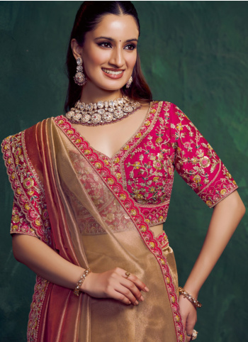 Golden And Pink Color Embroidered Organza Saree