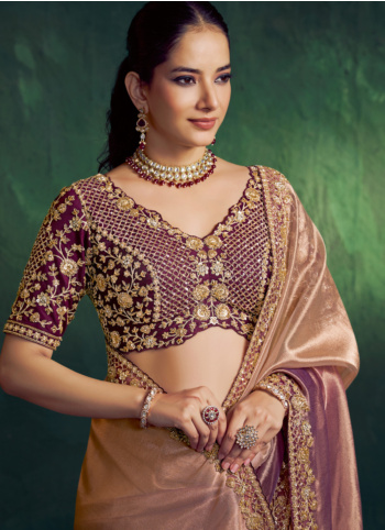 Dusty Rose And Purple Embroidered Organza Saree