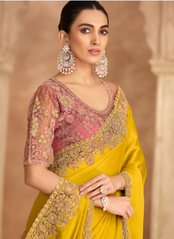 Yellow Color Embroidered Chiffon Silk Saree