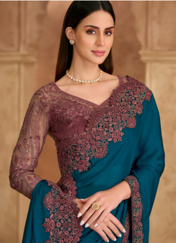 Blue Color Embroidered Chiffon Silk Saree