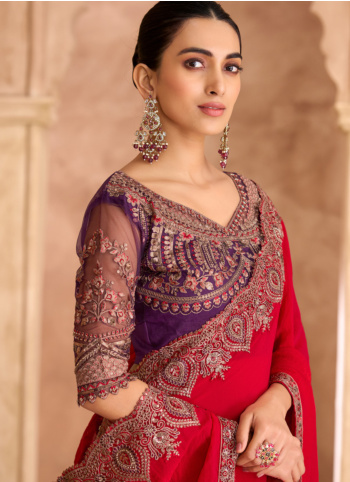 Red Embroidered Chiffon Silk Saree