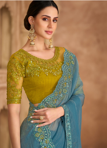Sky Blue Color Embroidered Organza Saree