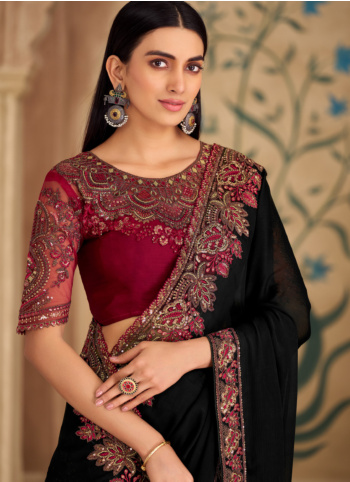 Black Embroidered Chiffon Silk Saree
