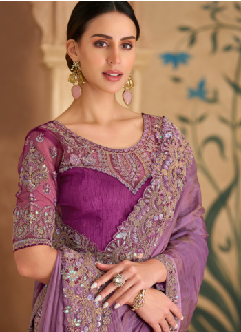 Onion Pink Embroidered Organza Saree