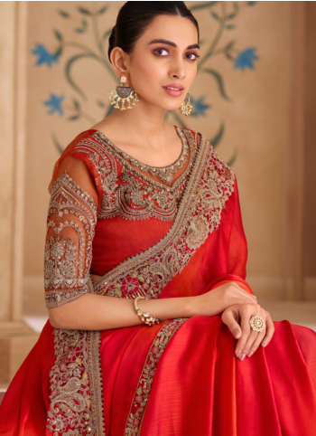 Red And Orange Embroidered Chiffon Silk Saree