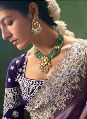 Lavender Color Embroidered Orgnaza Saree