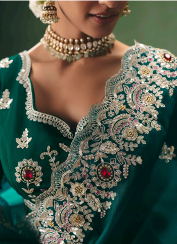 Rama Green Embroidered Chiffon Silk Saree