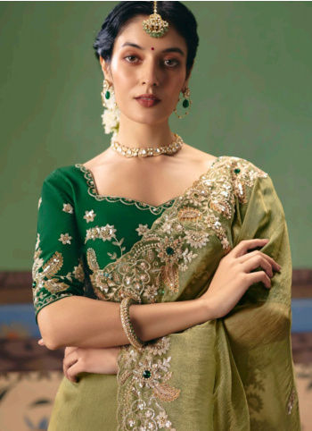 Mehndi Green Embroidered Organza Saree
