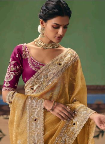 Mustard Yellow Embroidered Organza Saree