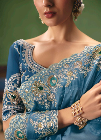 Dark Aqua Embroidered Orgnaza Saree