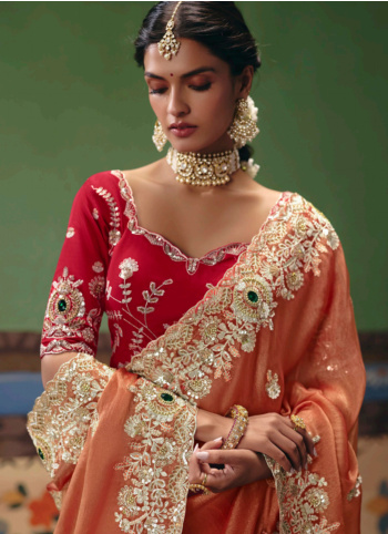 Orange Embroidered Organza Saree