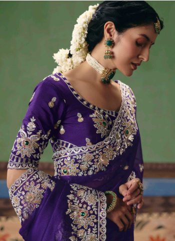 Purple Embroidered Organza Saree