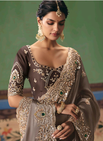 Brown Embroidered Organza Saree