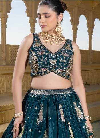 Teal Blue Crepe Silk Lehenga Choli With Readymade Choli
