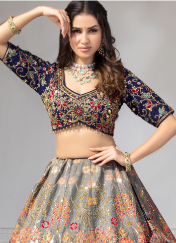Navy Color Embroidered Artificial Raw Silk Lehenga Choli