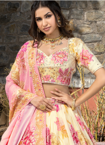 Cream Embroidered Georgette Silk Lehenga Choli