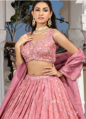 Peach Embroidered Shimmer Silk Lehenga Choli