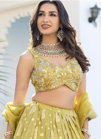 Pista Green Embroidered Silk Lehnga Choli Set For Wedding