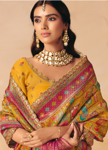 Beautiful Mustard Yellow Embroidered Banarasi Silk Saree