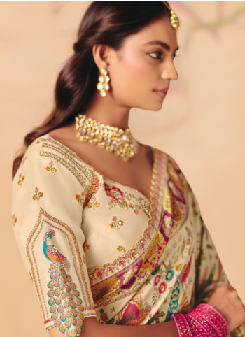 Cream Embroidered Banarasi Silk Saree