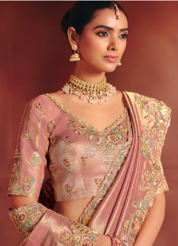Rose Gold Embroidered Banarasi Silk Saree