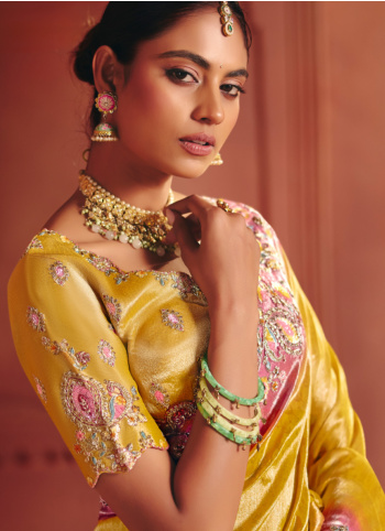 Yellow Embroidered Banarasi Silk Saree