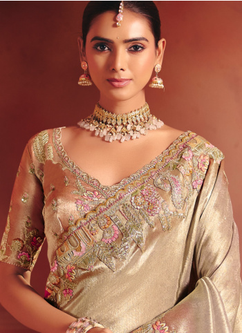 Beige Embroidered Banarasi Silk Saree