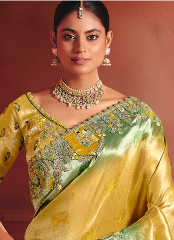Mustard Yellow Embroidered Banarasi Silk Saree