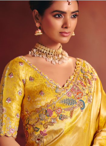 Golden Yellow Embroidered Silk Saree