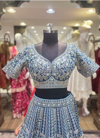 Indigo Blue Embroidered Raw Silk Lehenga Choli