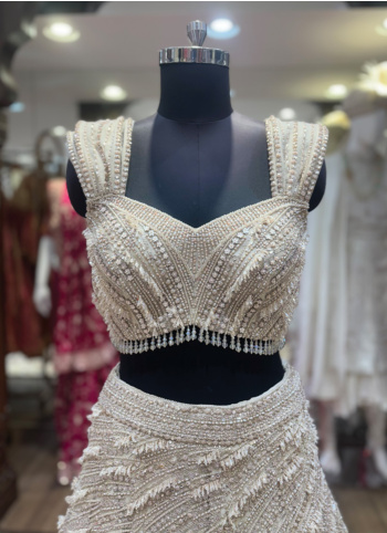 Cream Embroidered Net Fabric Lehenga Choli