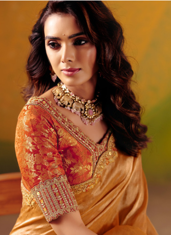 Orange Color Brocade Fabric Saree With Readymade Choli