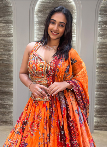 Orange Embroidered Organza Lehenga Choli