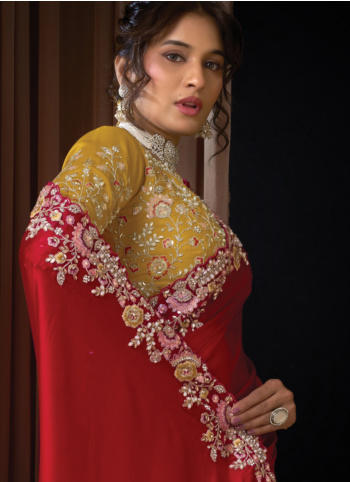 Red Embroidered Satin Silk Saree
